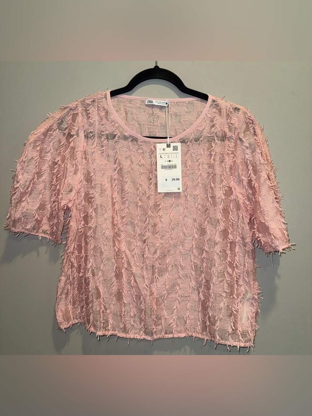 ZARA Blush Pink Short-Sleeve Fringe-Texture Top